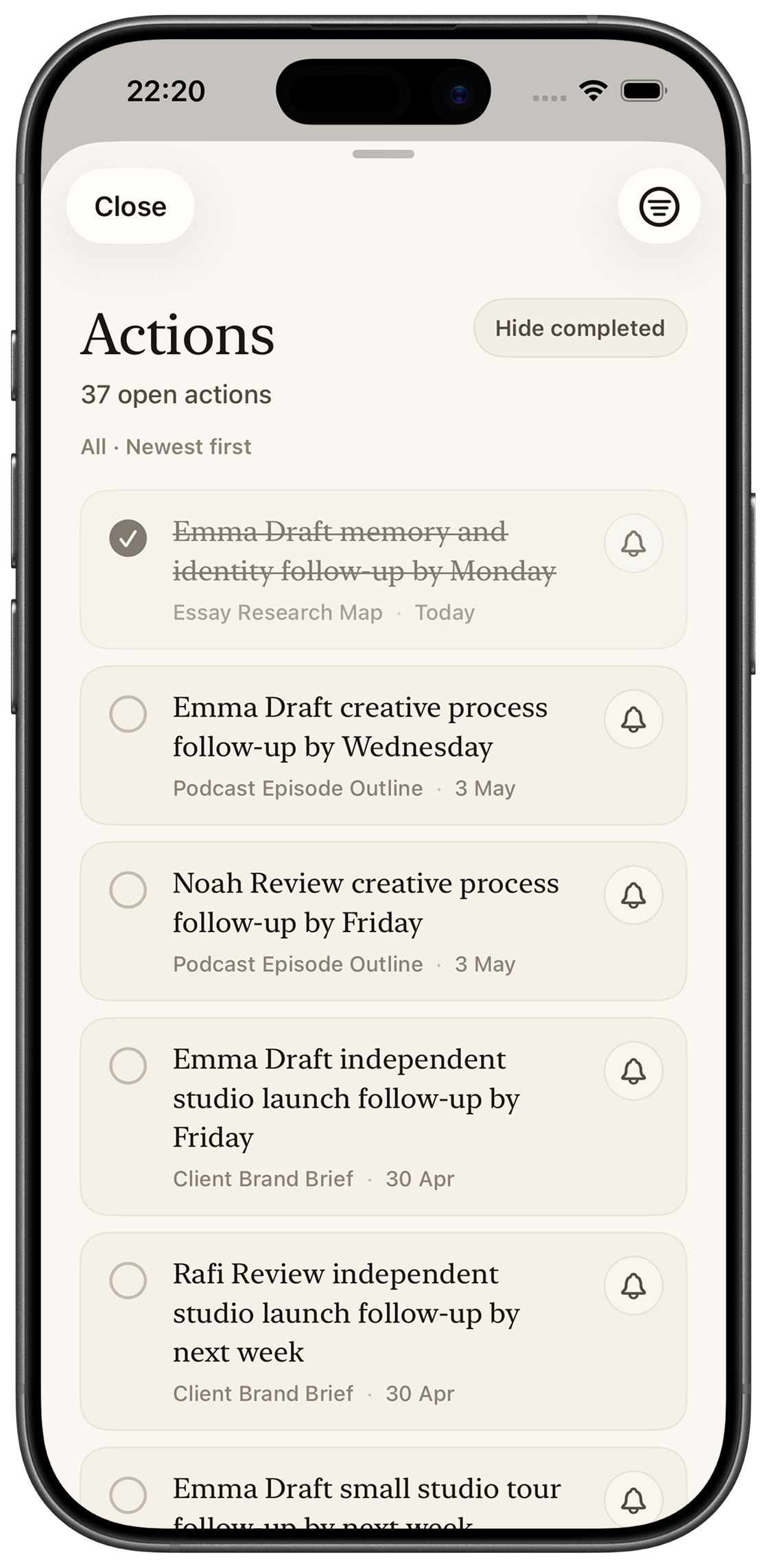 TelosNote actions and reminders screen
