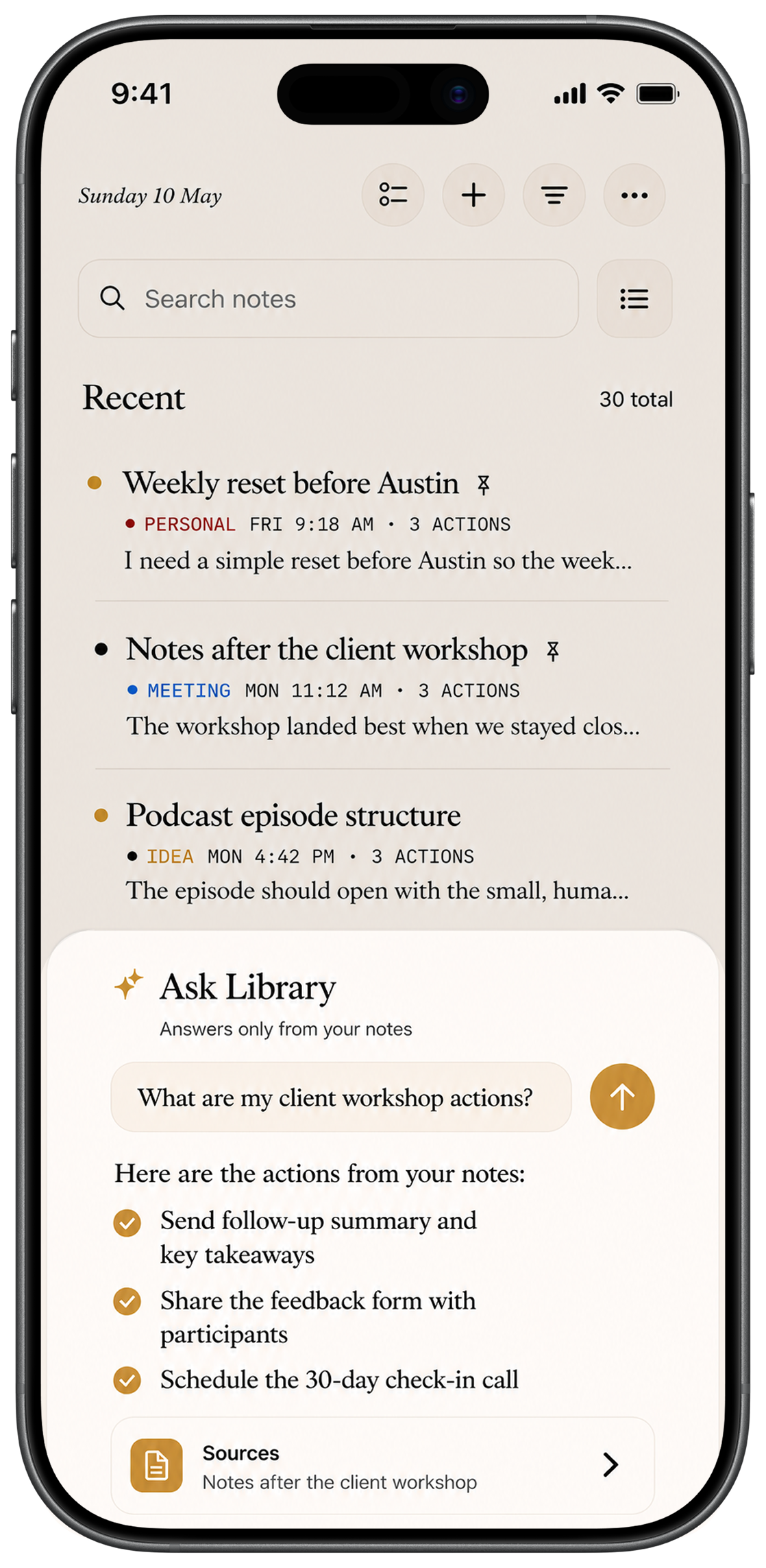 TelosNote ask library screen for questions across notes
