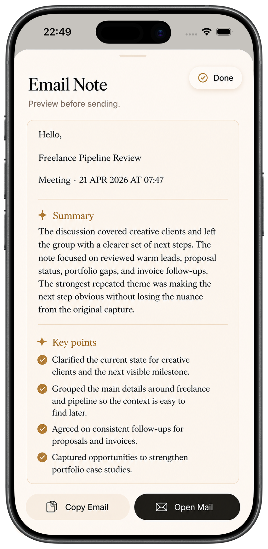 Telos Note email export preview screen