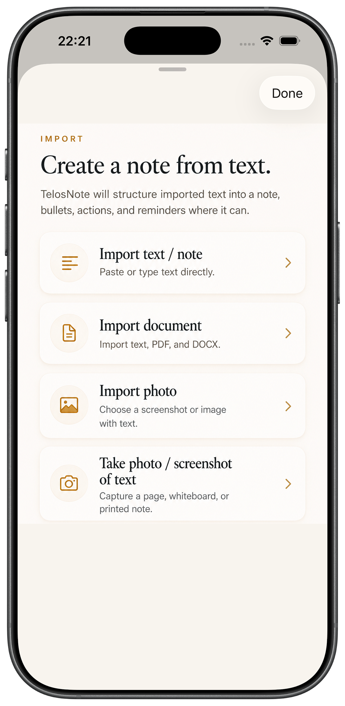 TelosNote import screen for text, documents, and photos
