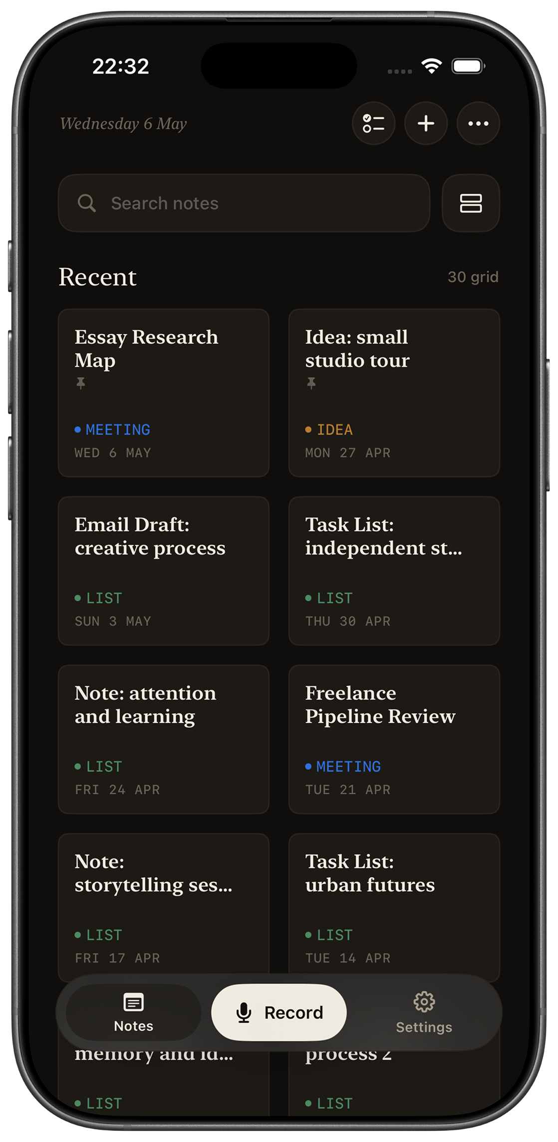 TelosNote library screen with note grid and dark mode