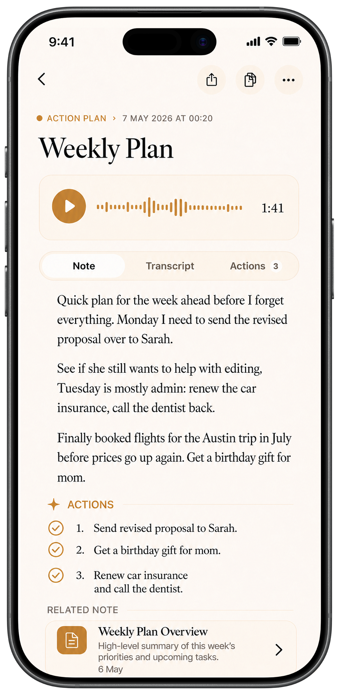 TelosNote generated note output with structured text