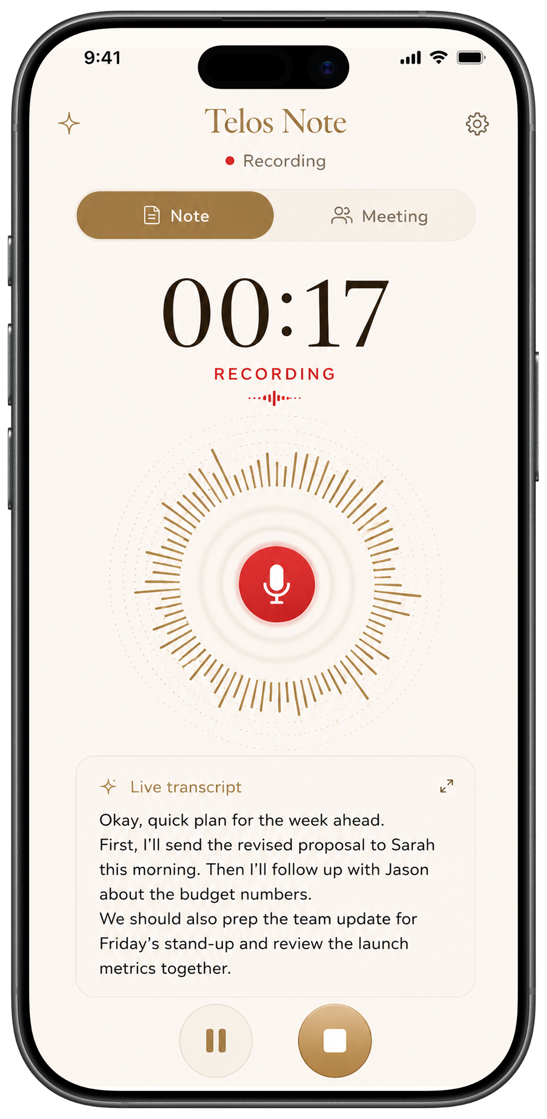 TelosNote recording screen for capturing a spoken note