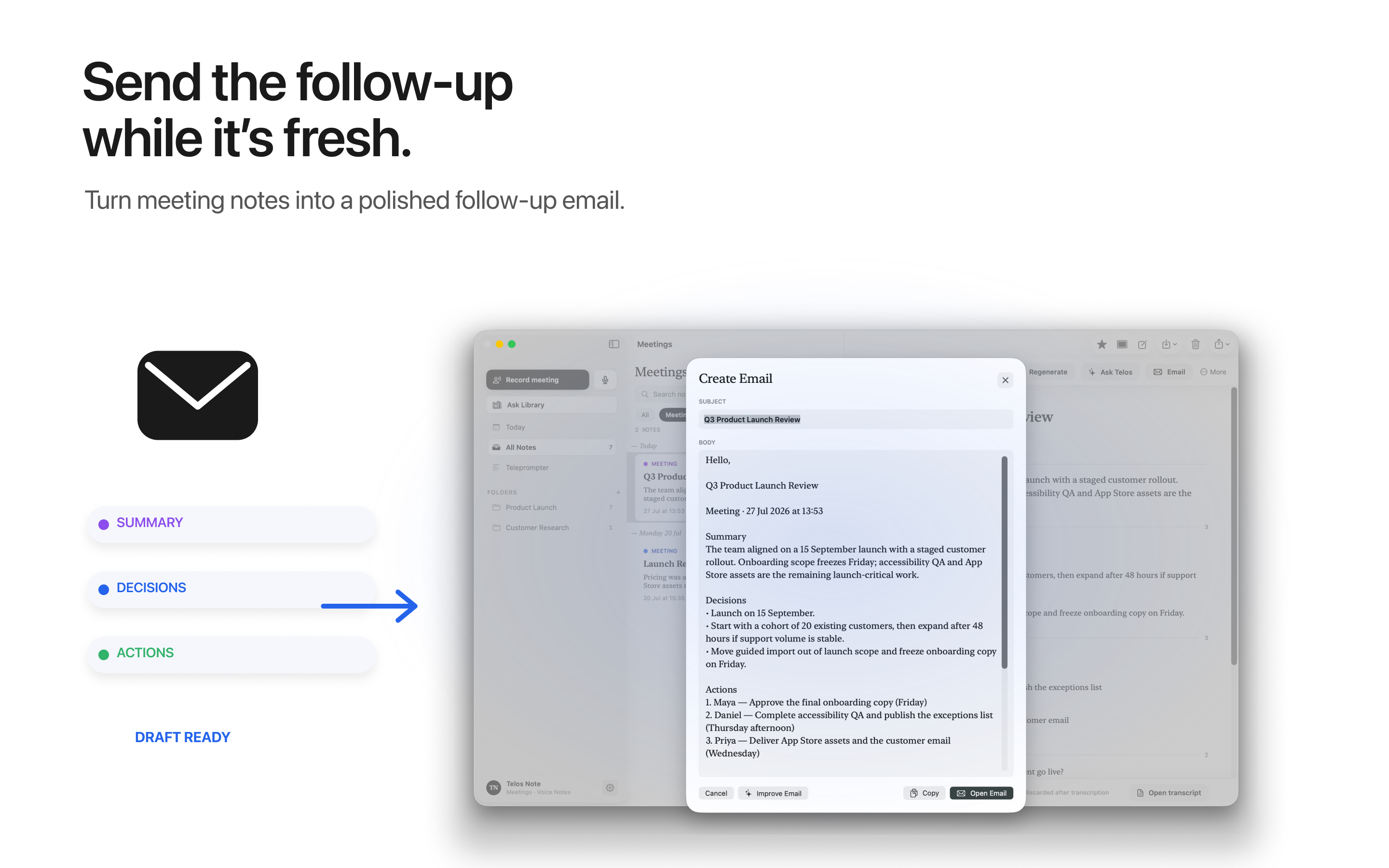 A follow-up email drafted from meeting notes in Telos Note