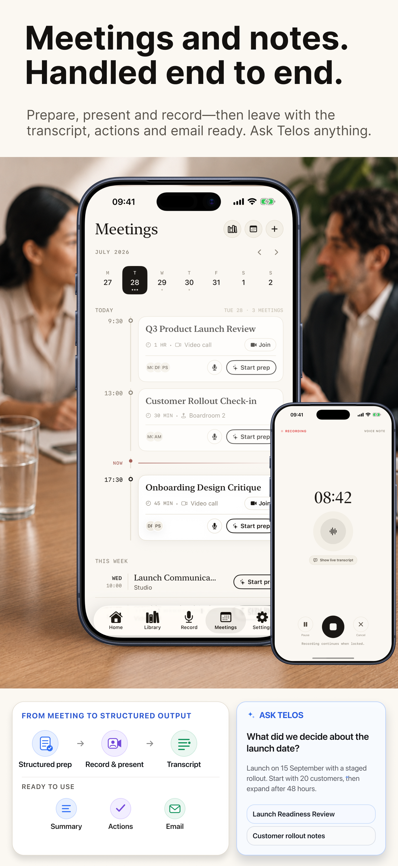 Telos Note meetings schedule, voice recording and meeting outputs on iPhone