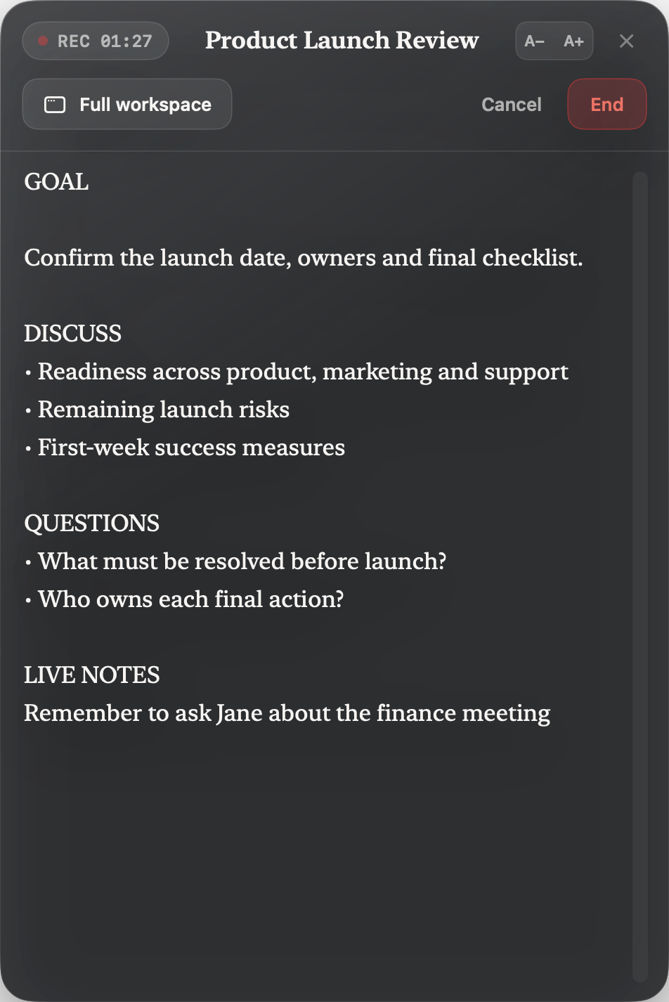 A floating Telos Note meeting notepad showing preparation and live notes beside a call