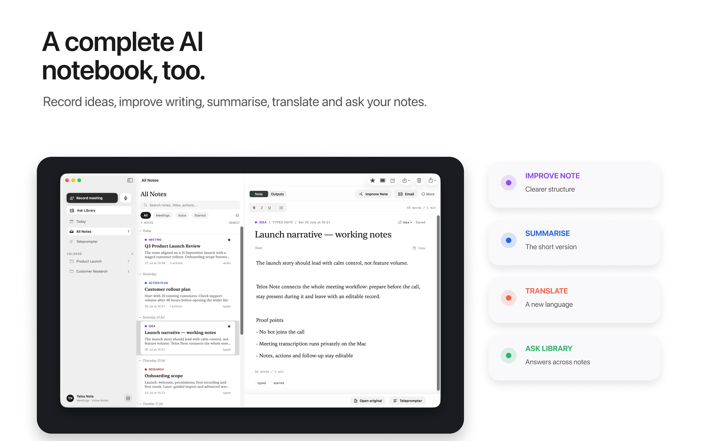 Telos Note library on Mac with an editable note and AI note actions