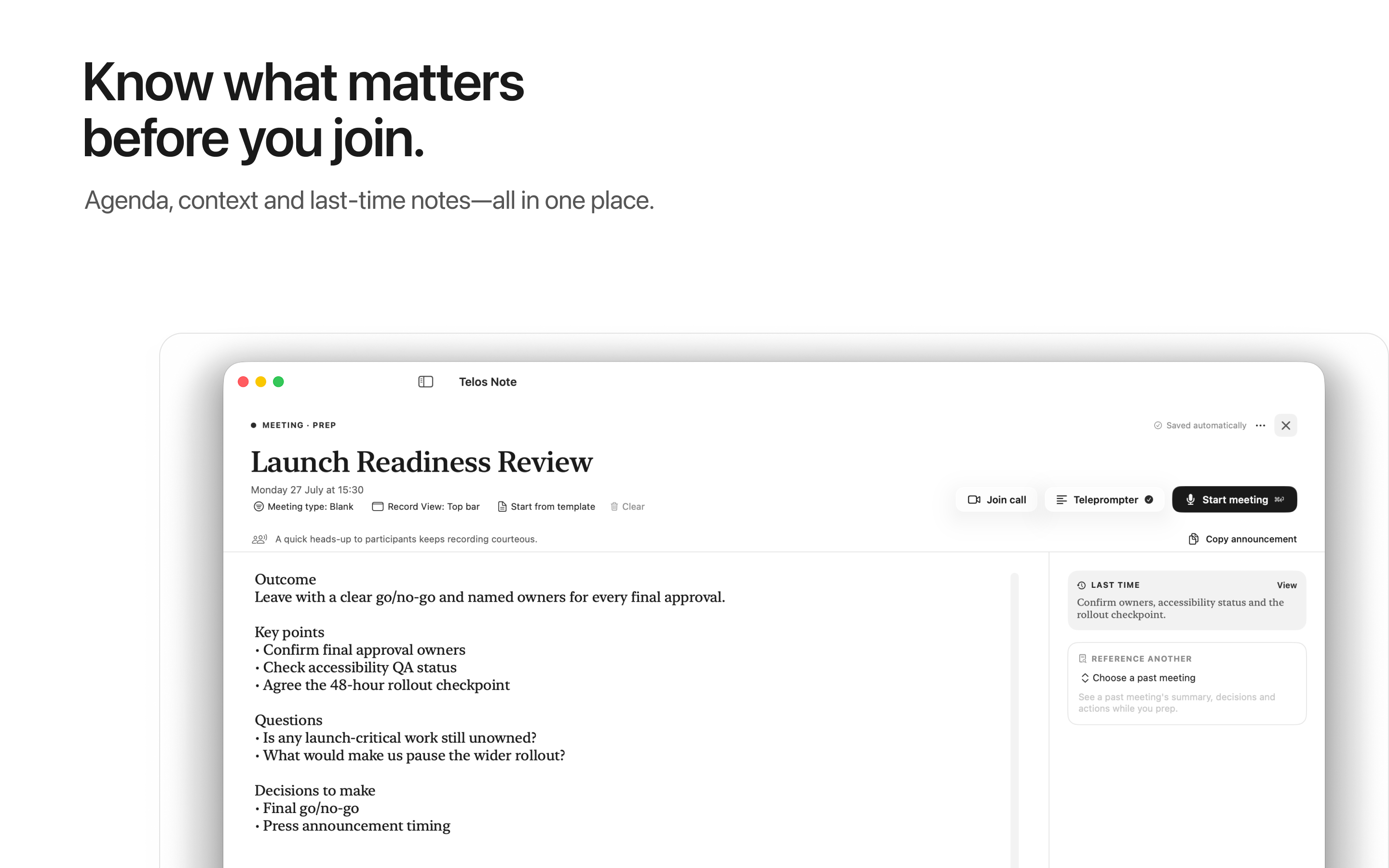 A structured meeting preparation page in Telos Note on Mac