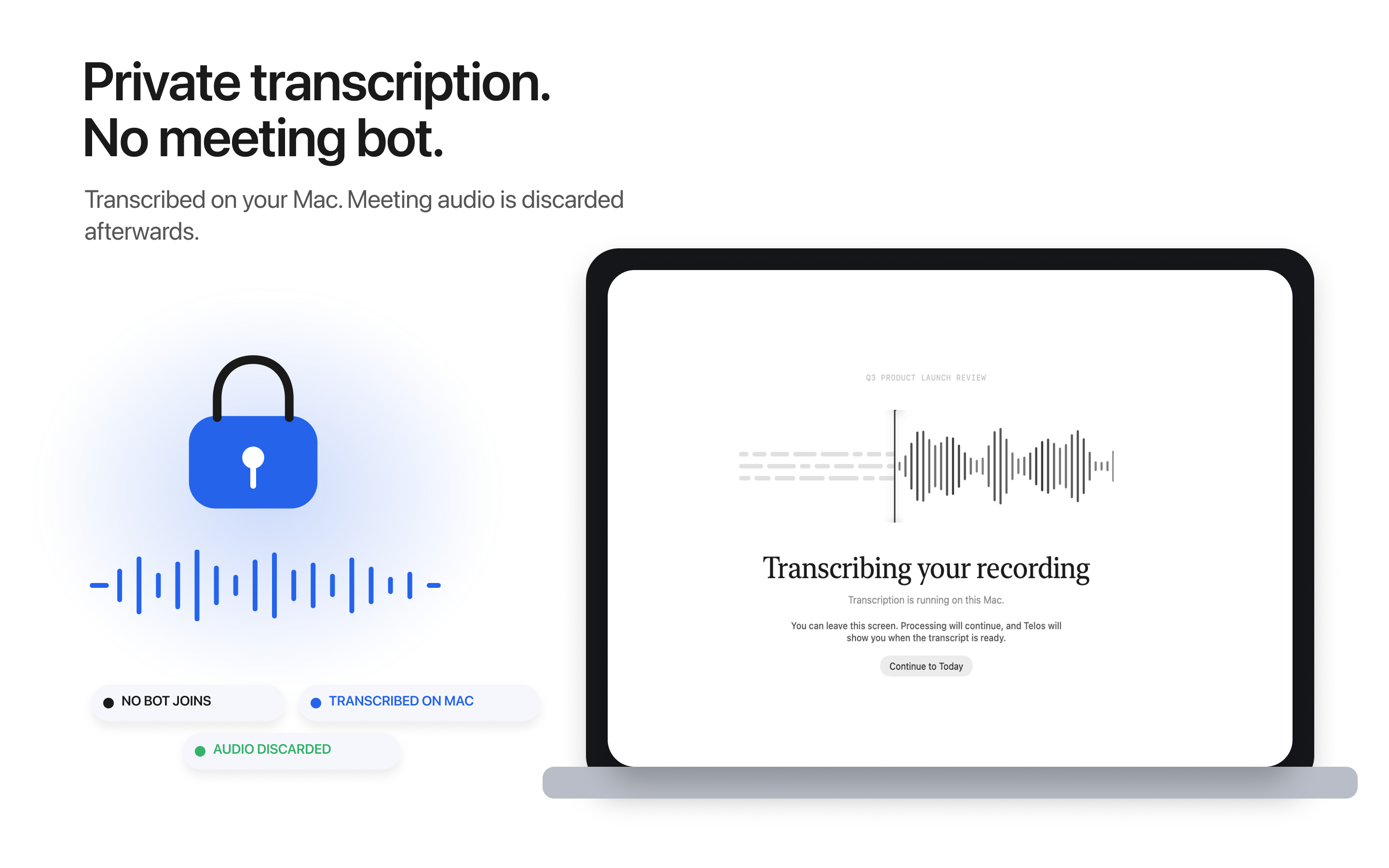 Telos Note privately transcribing a meeting recording on a Mac